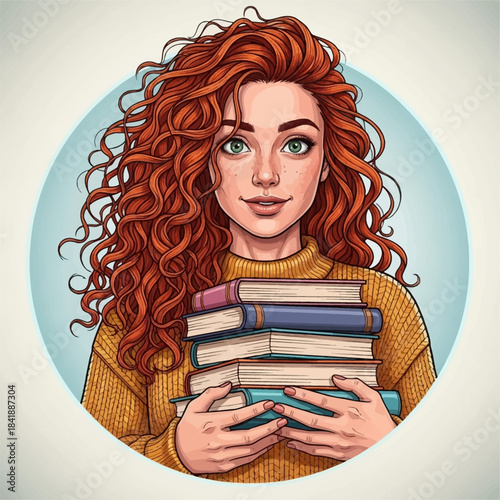 Red-haired woman holding a stack of books in a cartoon style illustration.