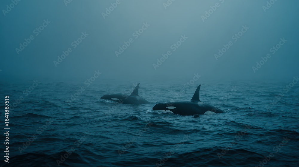 Fototapeta premium Calm ocean with two orca whales swimming near the surface in foggy weather surrounded by dark blue water and misty atmospheric conditions