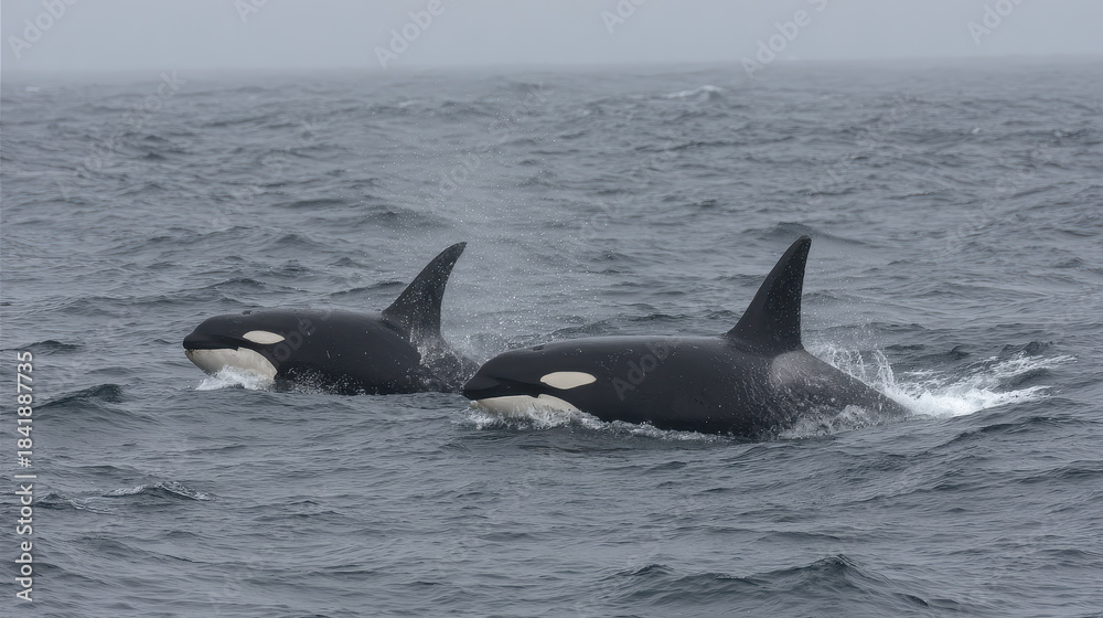 Fototapeta premium Orca whales swimming close to each other on the ocean surface with dorsal fins above water under cloudy sky calm sea conditions during daytime marine wildlife animals.
