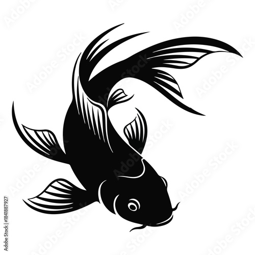 Black Koi Fish Tattoo Design Illustration, Japanese Water Animal Art
