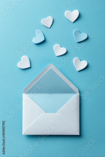 Romantic Envelope with Hearts on Pastel Cyan Background