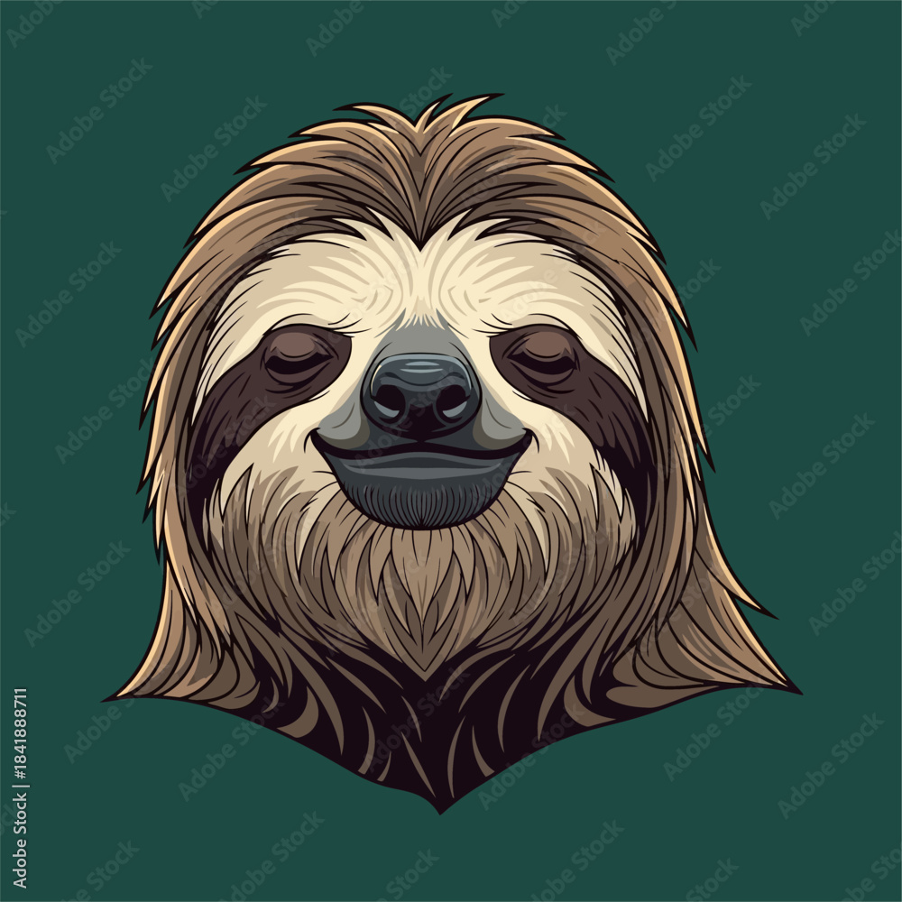 Naklejka premium Smiling Sloth Face Illustration with Furry Details and Calm Expression.