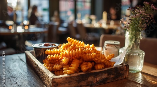 A closeup view of crispy, goldenbrown curly fries served in a rustic wooden tray with a side of dipping sauce inside a dimly lit restaurant setting