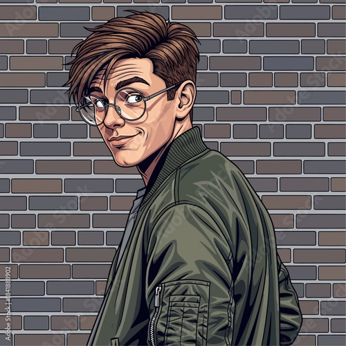 Stylish Cartoon Man with Glasses and Bomber Jacket.
