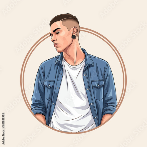 Stylish Man with Modern Haircut and Denim Shirt Illustration.