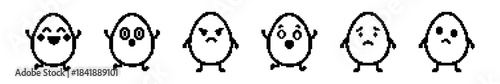 Pixel art characters in a row, each expressing a different emotion. From happy to angry, surprised, sad, and neutral. Simple 8-bit black and white design.