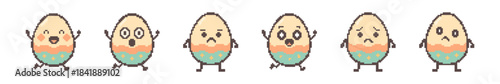 Charming pixel art Easter eggs express a range of emotions from joy to sadness. Adorable retro 8-bit characters perfect for holiday designs and games.