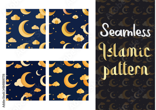 Set of deep blue Islamic Ramadan patterns. Seamless background with hanging gold lanterns and crescent moon. Luxury Eid Mubarak vector texture collection.