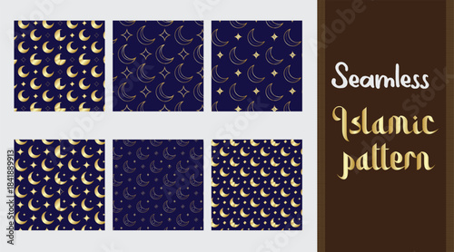 Set of deep blue Islamic Ramadan patterns. Seamless background with hanging gold lanterns and crescent moon. Luxury Eid Mubarak vector texture collection.