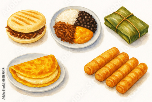 Watercolor illustration of traditional Venezuelan dishes on light background