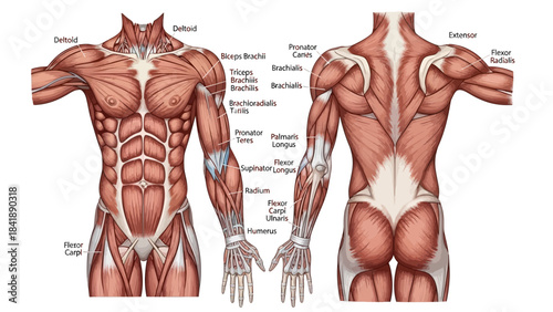 Anatomical illustration showcasing the muscles of the human body, front and back views