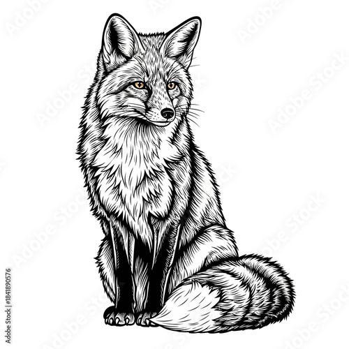 Detailed Black and White Illustration of a Seated Fox with Fluffy Tail.