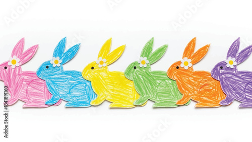 A vibrant, eye-catching image featuring a row of six stylized Easter bunny cutouts, each colored with a distinct, noticeable crayon texture. The rabbits are colored pink, blue, yellow, green, orange, 