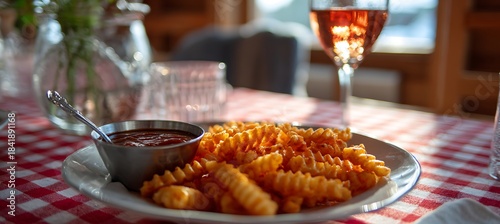 A plate of golden crinklecut french fries served with a side of dipping sauce and a glass of ros wine on a checkered tablecloth
