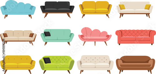 Colorful modern sofa collection, retro couch styles, interior furniture set, home decor inspiration, seating design variety, flat vector illustration