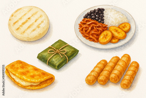 Watercolor illustration of traditional Venezuelan dishes on light background