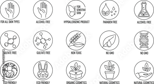 Cosmetic label certification icons, skincare safety badges, organic product symbols, minimalist black line art, flat vector illustration