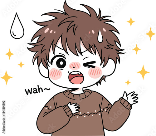 Surprised cartoon character expression, anime-style emotional reaction, flushed cheeks and sweat drop, dramatic pose art, flat vector illustration