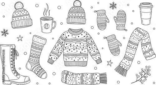 Winter accessory icon set, cozy clothing elements, festive seasonal items, black and white holiday graphics, flat vector illustration