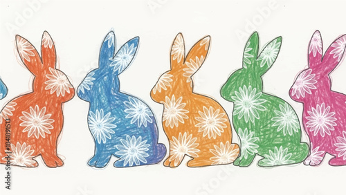 Row of Colorful Hand-Drawn Easter Bunny Silhouettes with White Daisy Flower Pattern