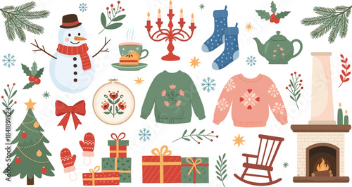 Winter holiday cozy elements, festive home decor, Christmas fireplace, seasonal warmth, gift boxes, snowman, flat vector illustration