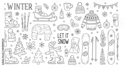 Winter holiday icon set, black and white festive elements, seasonal activity symbols, cozy decoration graphics, flat vector illustration