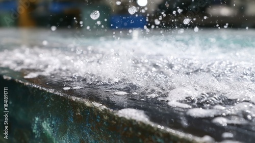 Medium shot of chemical cleaning on steel surface showing foam application and impurity removal with precision for enhanced material quality before rolling.
