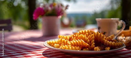 Crispy fried pasta served on a plate with a cup and flowers on a checkered tablecloth outdoors during daytime
