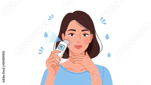 Young woman checking skin hydration with a spray bottle in hand  