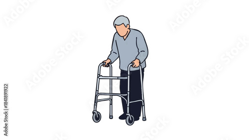 Elderly man using a walking frame for support indoors in a caring manner  