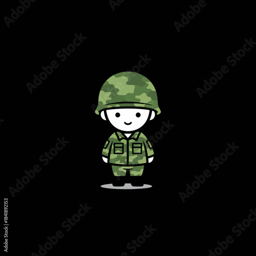 Cute Cartoon Soldier Character in Camouflage Uniform and Helmet.