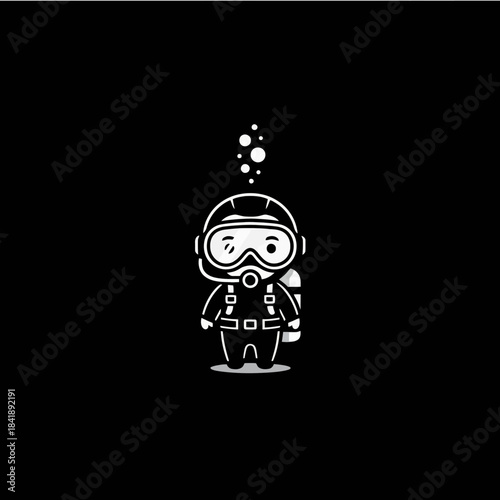 Cute Cartoon Scuba Diver with Bubbles Minimalist Black and White Illustration.
