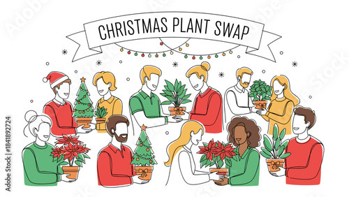 Christmas Plant Swap Holiday Plant Exchange Linear Illustration Banner, Diverse People Sharing Potted Plants for Sustainable Gifting, Eco-Friendly Celebrations, and Community Events