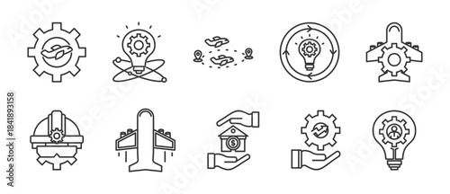 Wright Brothers Day icon set collection in outline style. Icon pack contains aviation,invention, flight , innovation, aeronautics , engineering