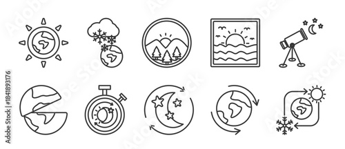 December Solstice icon set collection in outline style. Icon pack contains solstice , winter , sunrise , sunset , astronomy ,hemisphere, shortest day, longest night, axis tilt