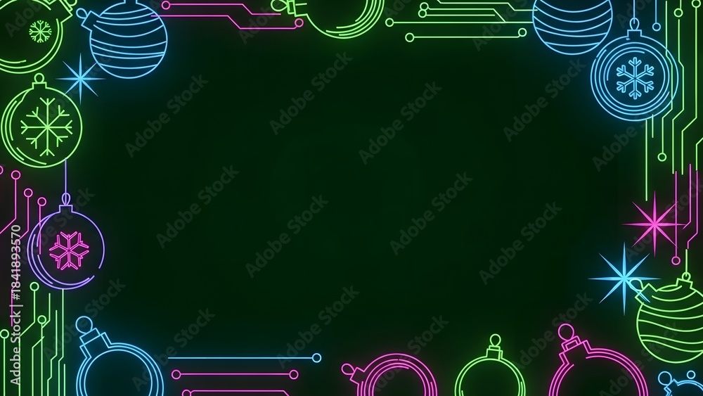 Obraz premium Neon christmas lights border with glowing ornaments and dark green background