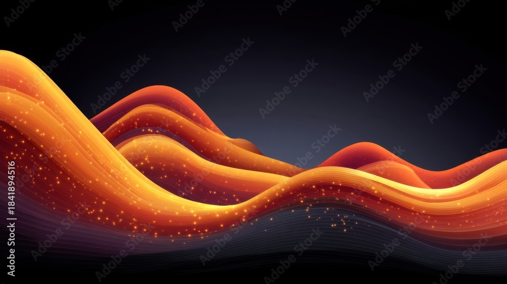 Abstract Digital Illustration of Flowing Waves in Orange and Yellow Gradients with Sparkles on a Dark Background for Creative Projects and Designs