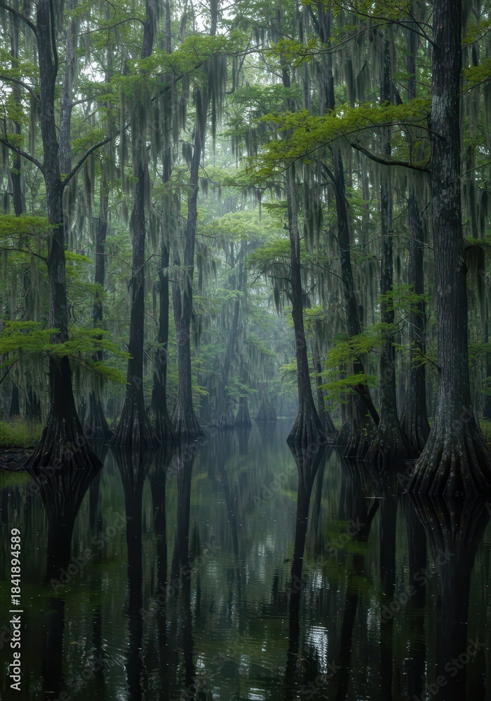 Fototapeta premium Ethereal light filters through dense cypress trees draped in Spanish moss, reflecting the mysterious, still waters of a haunting, primeval swamp ,bayou ,mystical ,travel