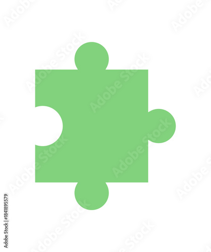 Flat green jigsaw puzzle piece silhouette. Minimalist design of puzzle element for boardgame and table game hobby. Toy and leisure activity concept with graphic template style.