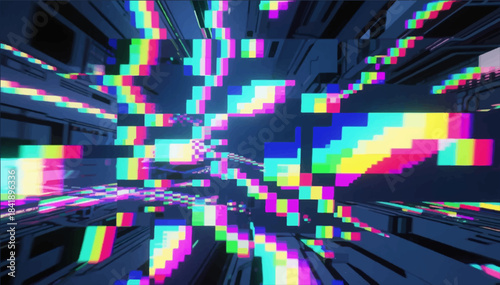 Digital interference, color distortion and pixel splitting is an industrial modern visual for transitions and posts. It can be used in video editing, tech advertising, and trailers.Vector graphics.