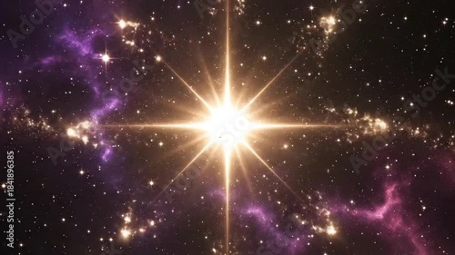 Bright Shining Star Erupts in Deep Space Nebula with Sparkling Particles and Cosmic Dust Illuminated by Intense Galactic Light