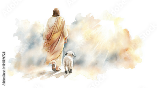 Shepherd Jesus Christ Taking Care of One Missing Lamb Watercolor Illustration Isolated on White Background