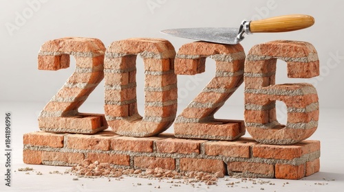 The number 2026 is sculpted from solid bricks with mortar details, topped with a trowel, symbolizing construction and progress. Ideal for New Year themes, industry ads, building concepts, and creative