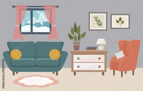 Cozy winter living room interior with snowfall outside the window. Living room interior with red armchair, sofa, window, nightstand and houseplant. Living room. Home furniture. Vector illustration.