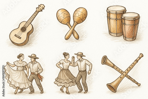 Colorful illustration of Venezuelan culture, cuisine, and nature icons