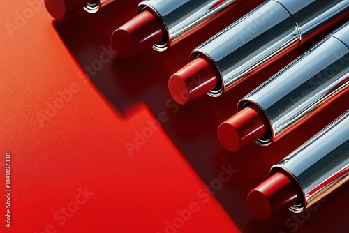 Lipstick tubes in bold red shades arranged in row on smooth red background showcasing vibrant colors and modern makeup trends.