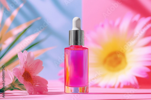 Skincare serum dropper bottle with pink liquid displayed on pastel background with decorative flowers and bold color blocks. Beauty product concept.