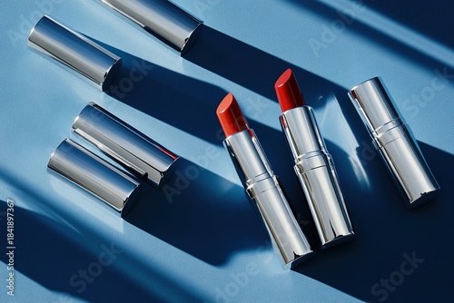 Modern luxury red lipstick tubes with shiny metallic cases displayed on blue background, beauty product concept for elegant makeup style.