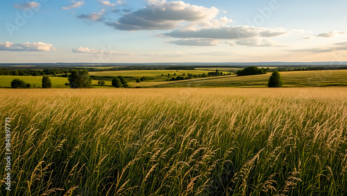 Fototapeta Naklejka Na Ścianę i Meble -  Rolling summer countryside with a vast field of golden grass and blue sky