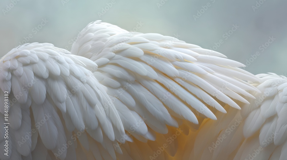 Obraz premium Soft and ethereal close-up of white feathers depicting the delicate beauty and texture of bird wings against a serene blurred background